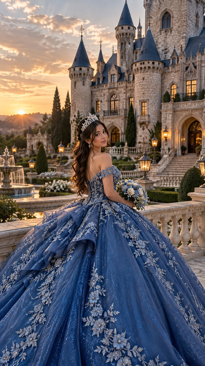 Quinceañera con vestido azul y ramo en una terraza de piedra frente a un castillo al atardecer