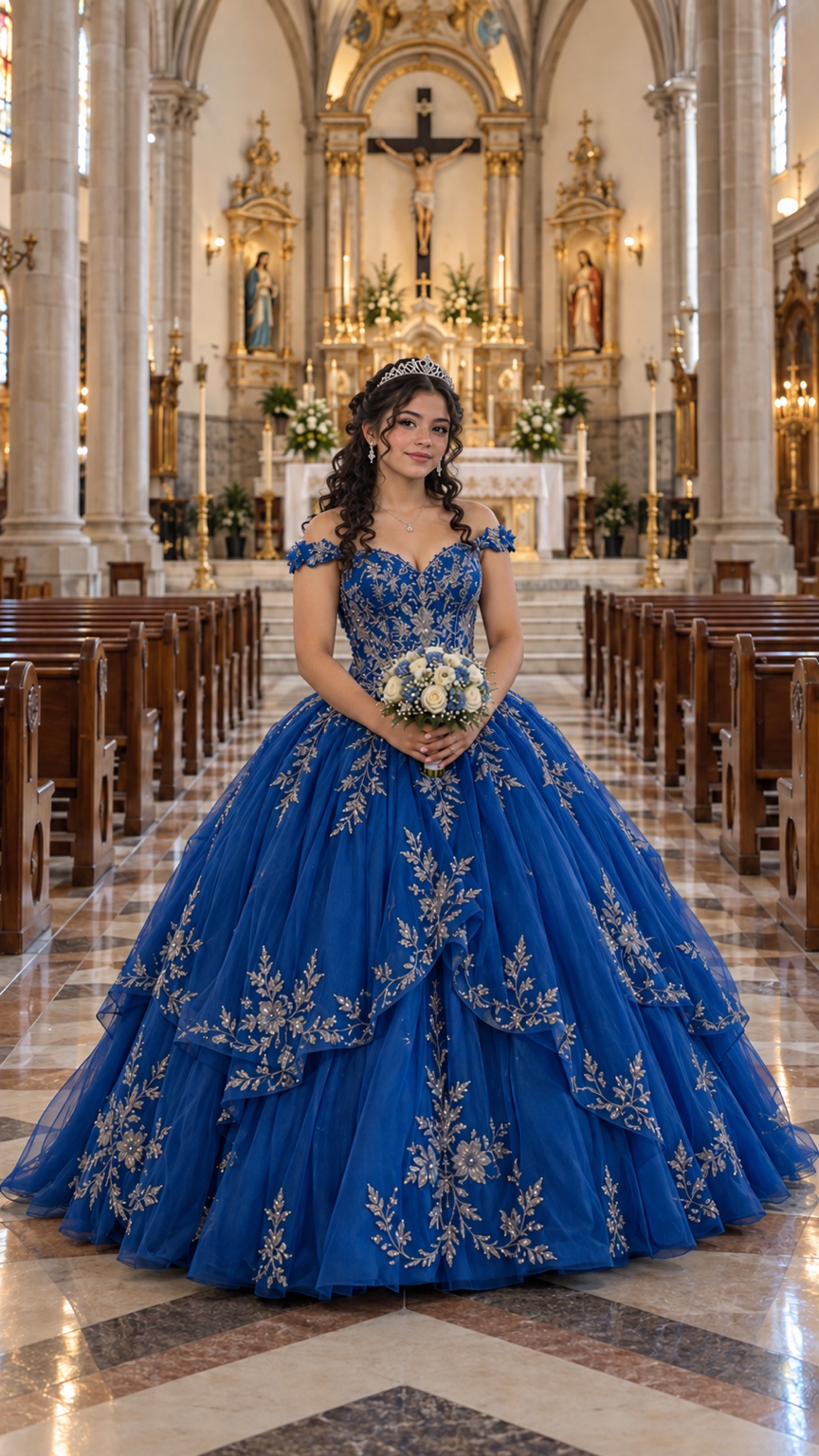 Quinceañera con vestido azul rey bordado, tiara y ramo blanco frente al altar de una iglesia
