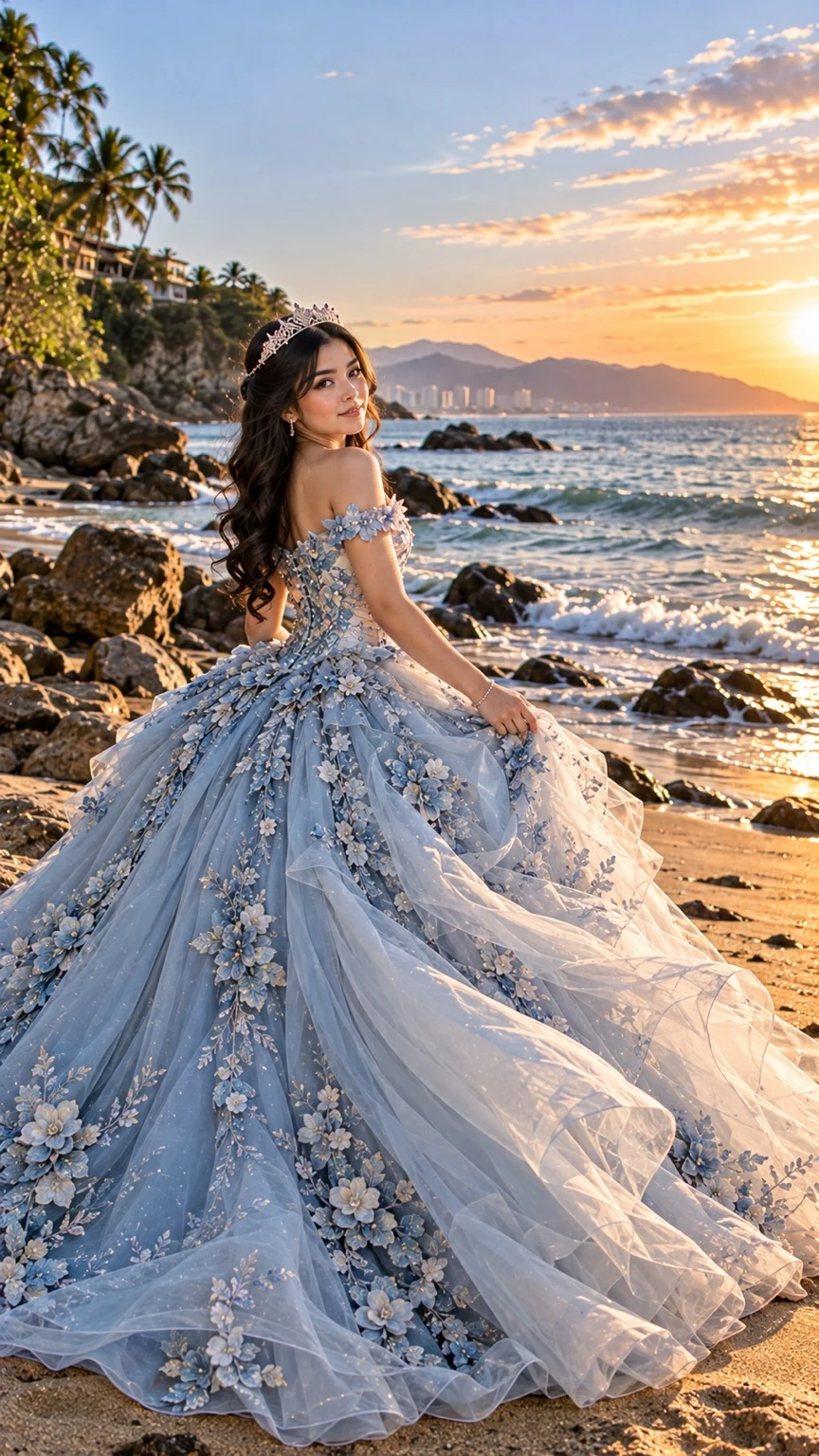 Quinceañera con vestido azul de flores en una playa al atardecer