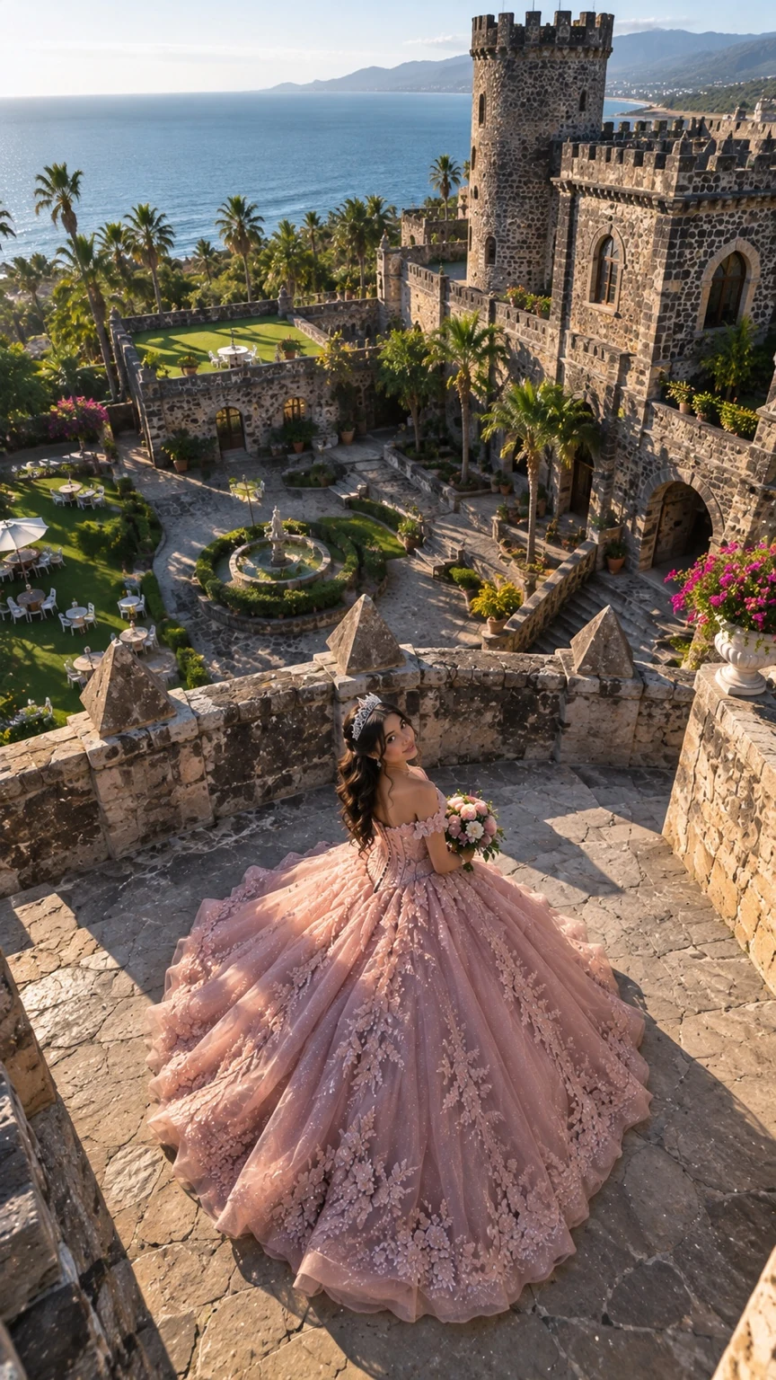 Quinceañera con vestido rosa en una escalinata de piedra con un castillo y el mar de fondo