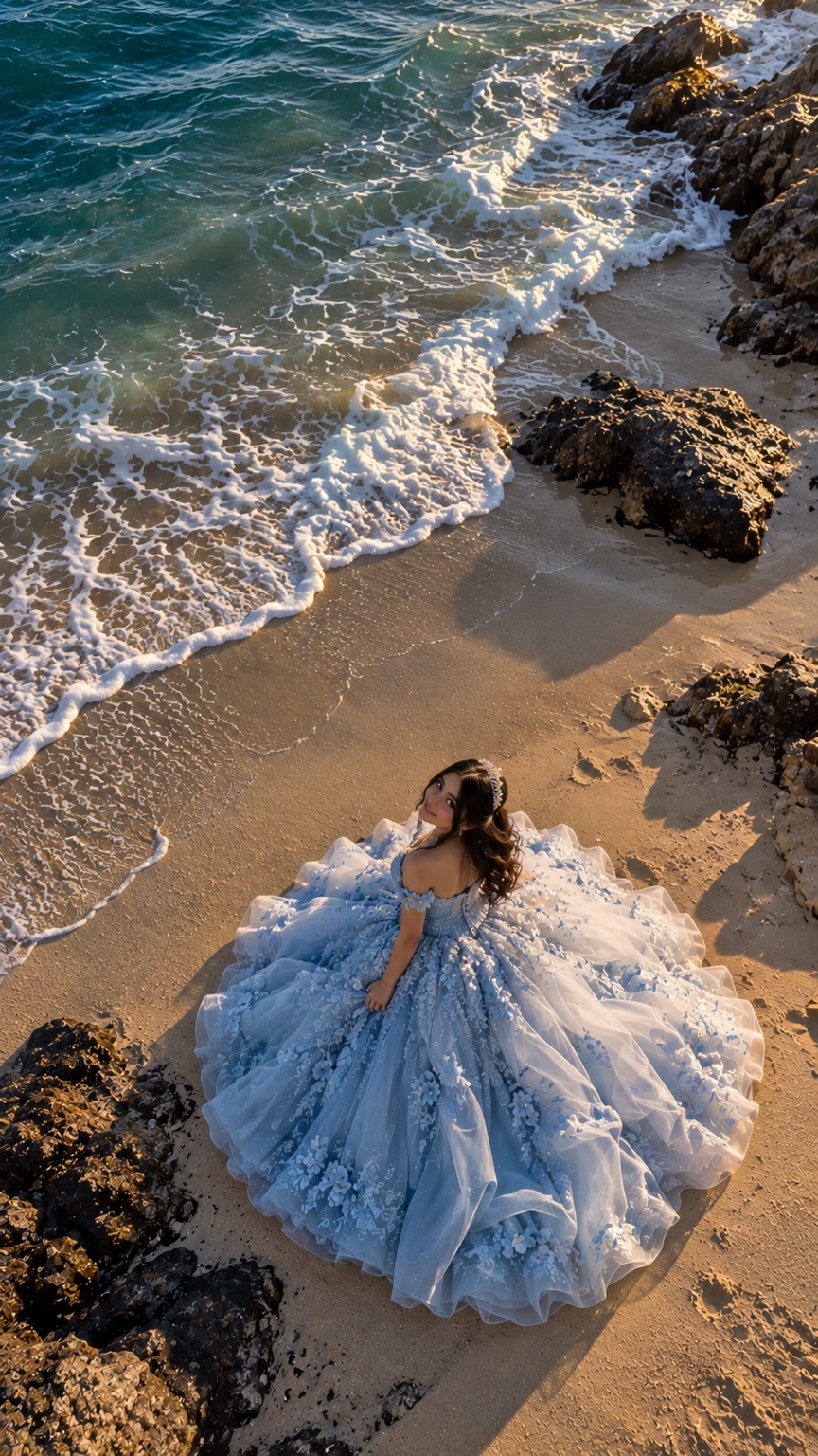 Vista aérea de una quinceañera con vestido azul celeste extendido entre las rocas y la orilla del mar