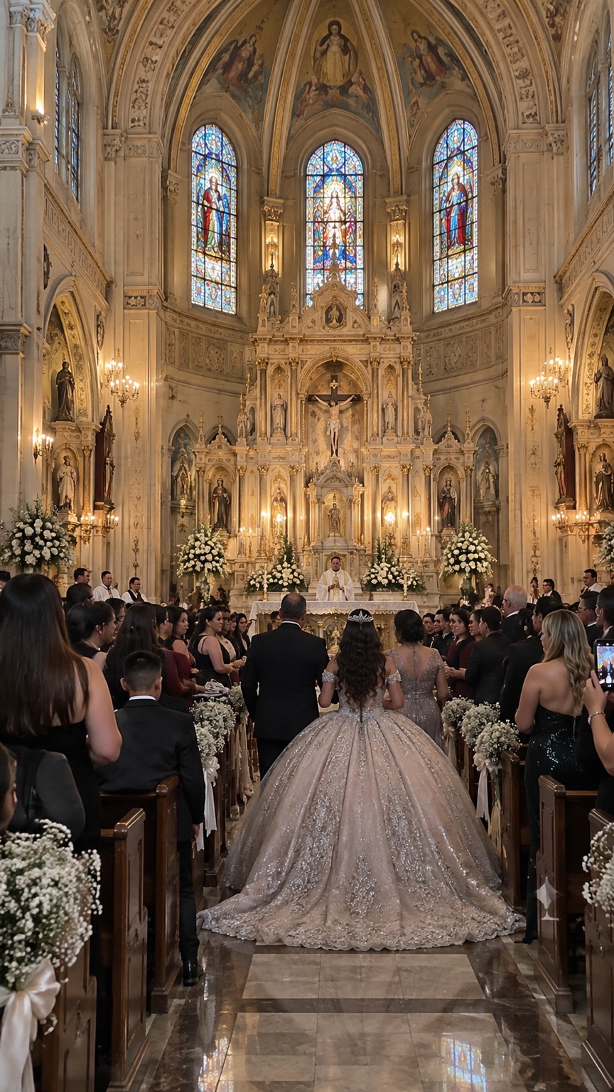 Quinceañera de espaldas con vestido rosa de cola larga acompañada por sus padres ante el altar y los invitados
