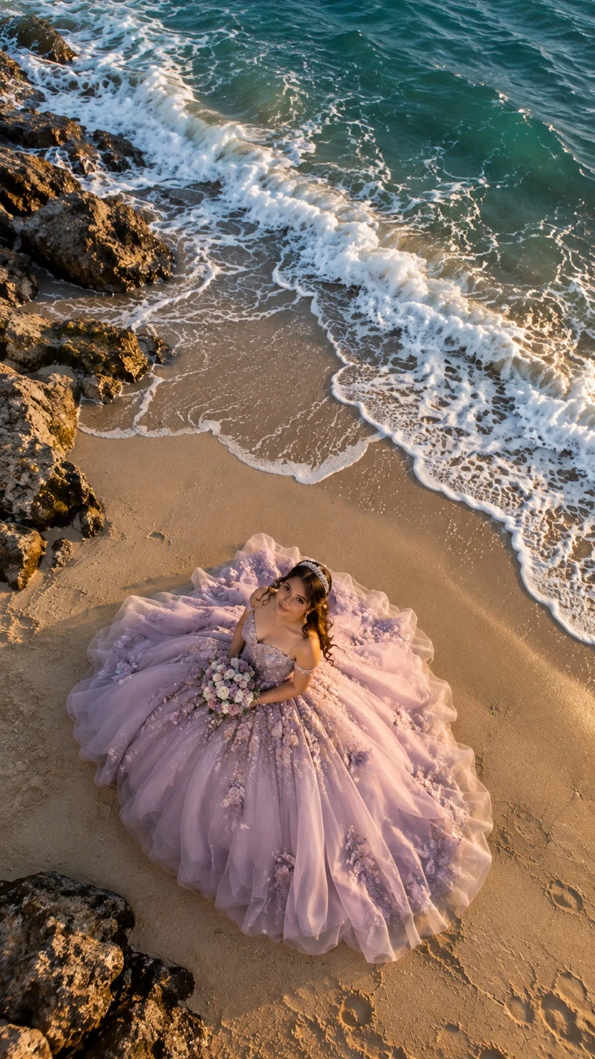 Quinceañera con vestido lila fotografiada desde arriba junto a la espuma del mar