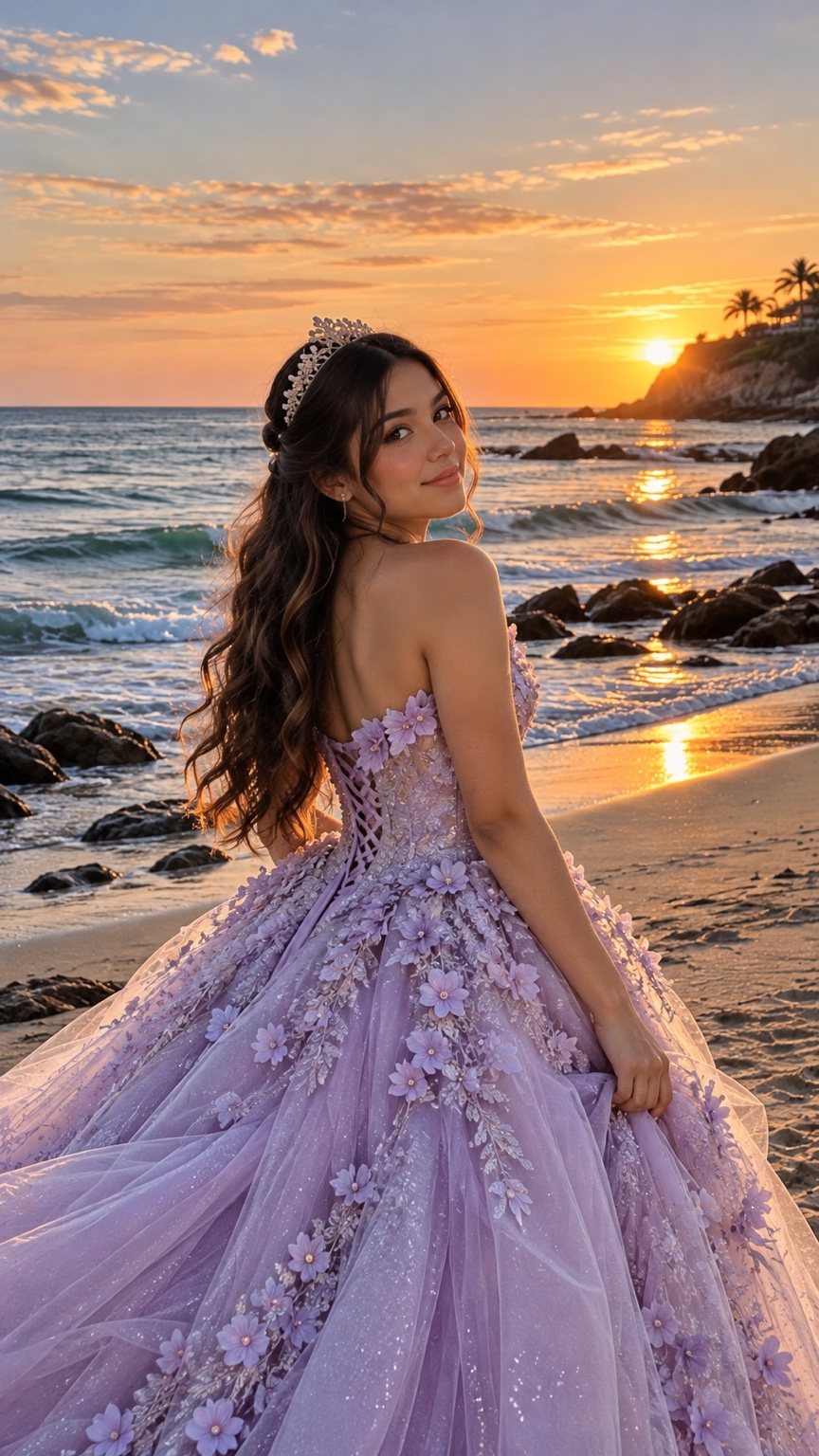 Retrato de quinceañera con vestido lila de flores y tiara frente al mar al atardecer