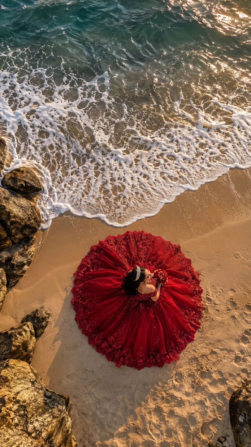 Vista aérea de una quinceañera con vestido rojo extendido en la arena junto a las olas