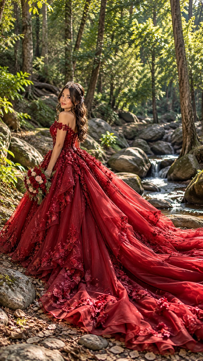 Quinceañera con vestido rojo entre los árboles y las rocas de un arroyo