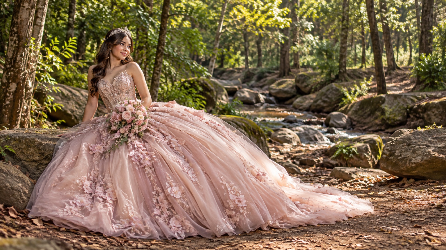 Quinceañera con vestido rosa y ramo sentada en el bosque junto a un arroyo