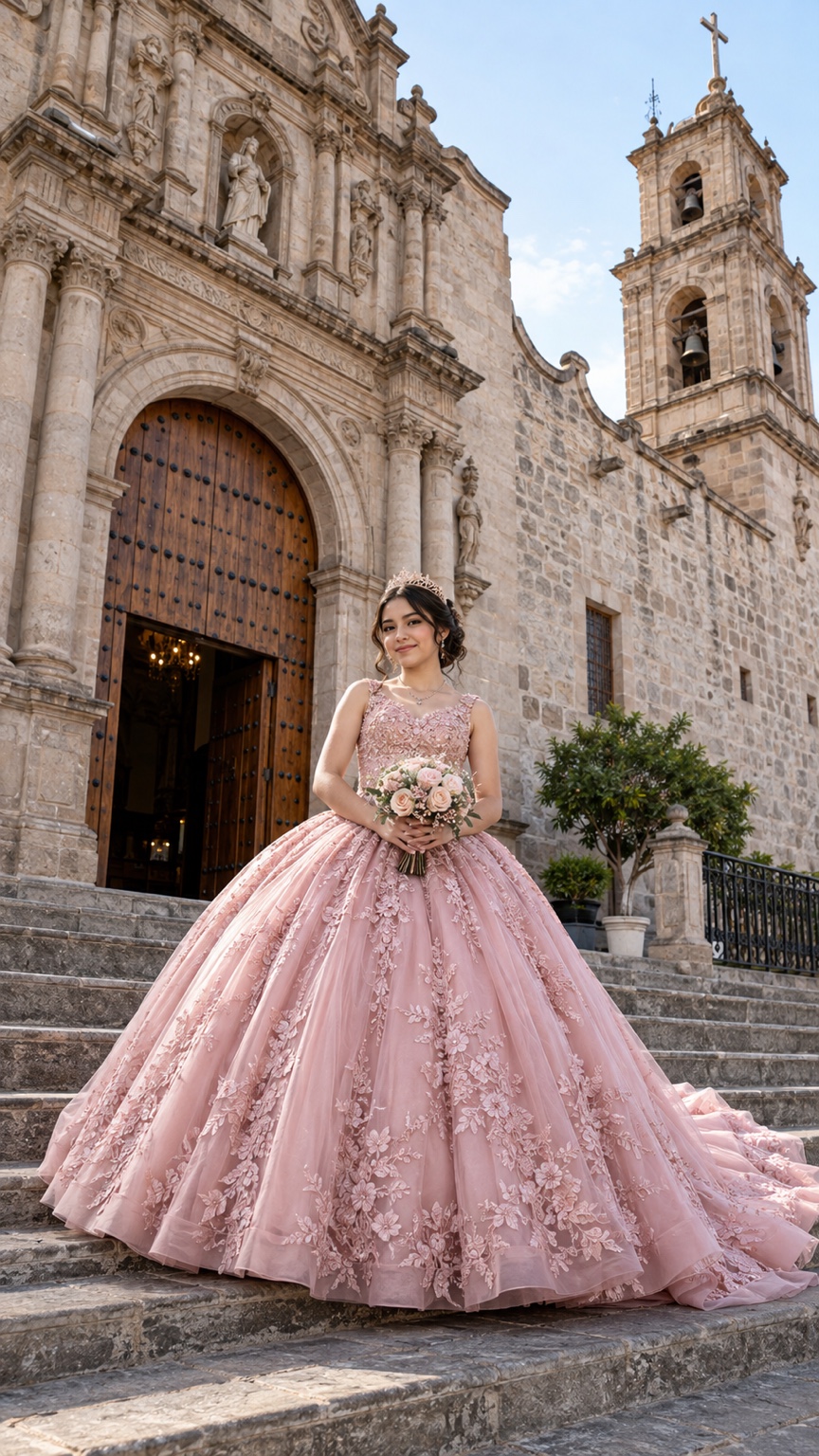 Quinceañera con vestido rosa bordado, tiara y ramo en la escalinata de una iglesia de piedra