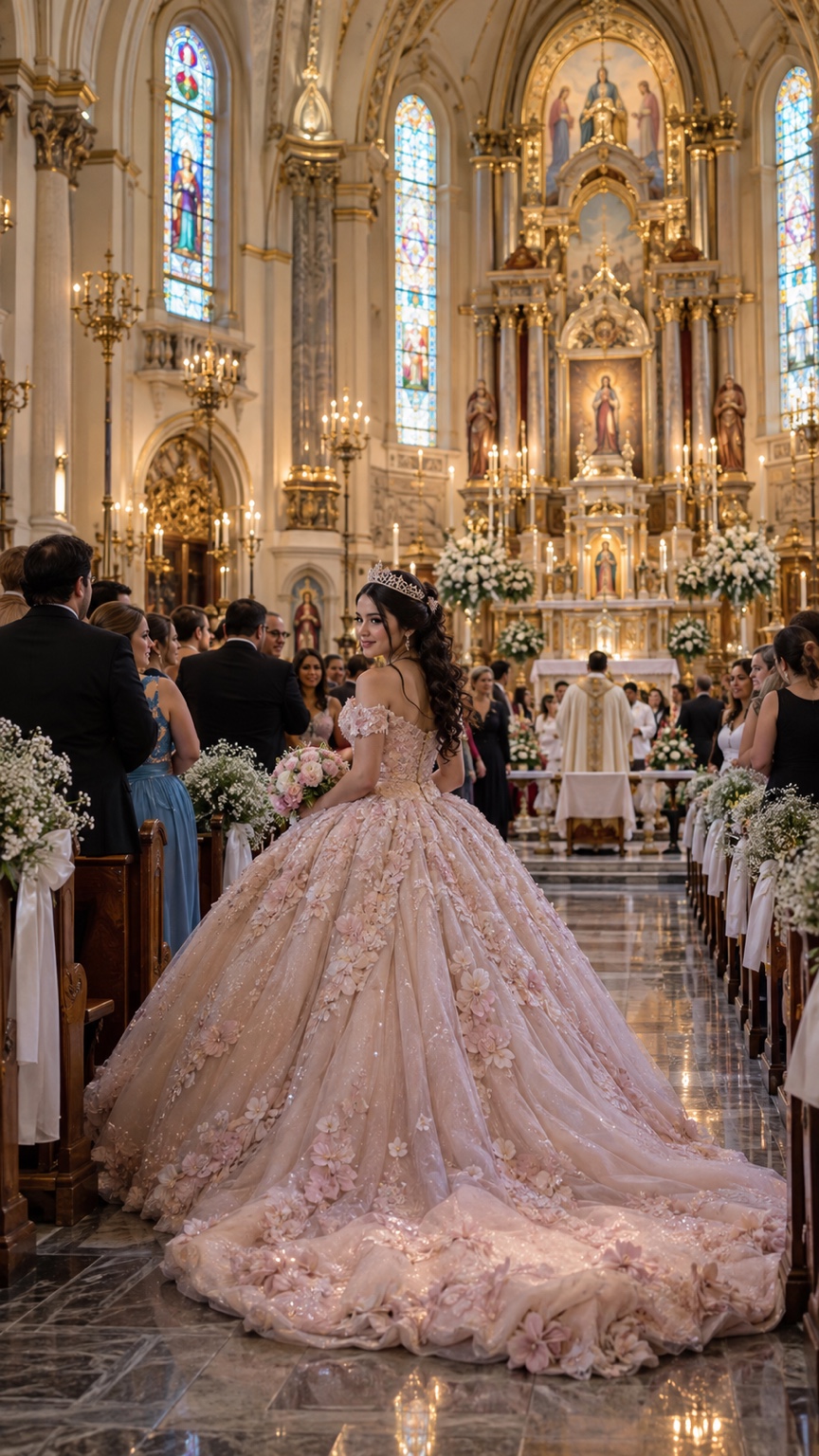 Quinceañera con vestido rosa de flores y cola larga mirando hacia la cámara en el pasillo de una iglesia con invitados
