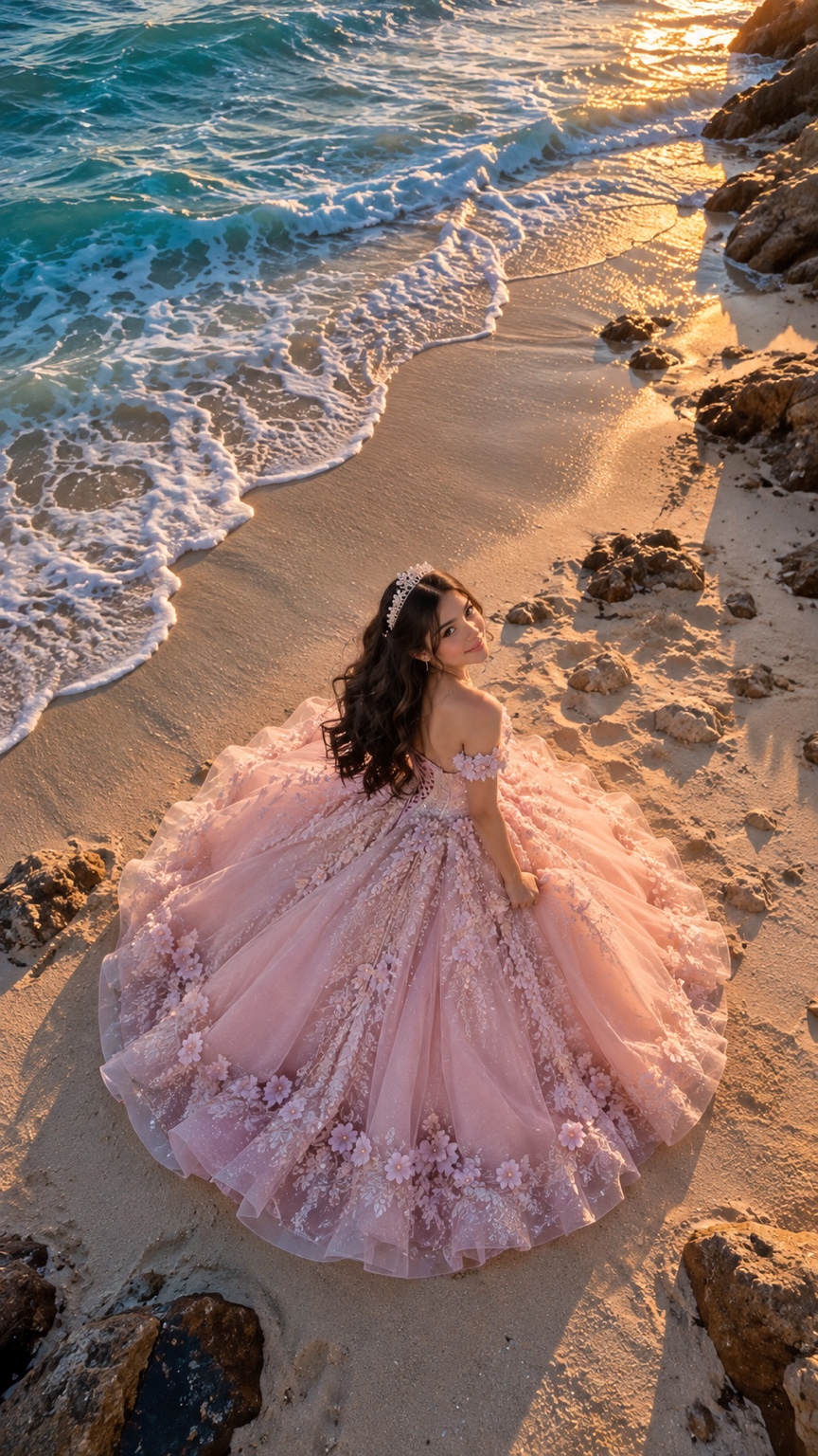 Quinceañera con vestido rosa junto a las olas y las rocas, fotografiada desde arriba al atardecer