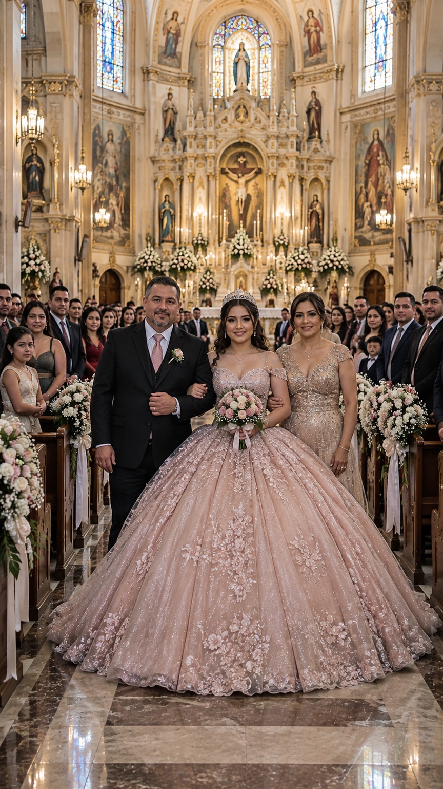 Quinceañera con vestido rosa y ramo acompañada del brazo por sus padres, de frente a la cámara, en una iglesia con invitados