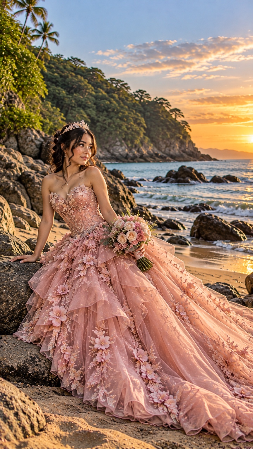 Quinceañera con vestido rosa y ramo junto a las rocas de la playa bajo un cielo de atardecer