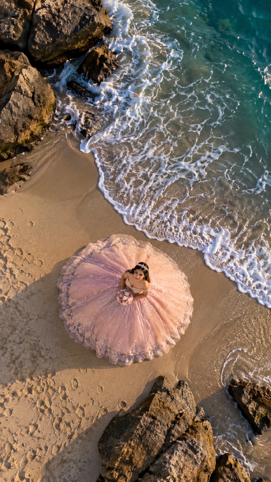 Toma cenital de una quinceañera con vestido rosa extendido en círculo sobre la arena junto a las olas