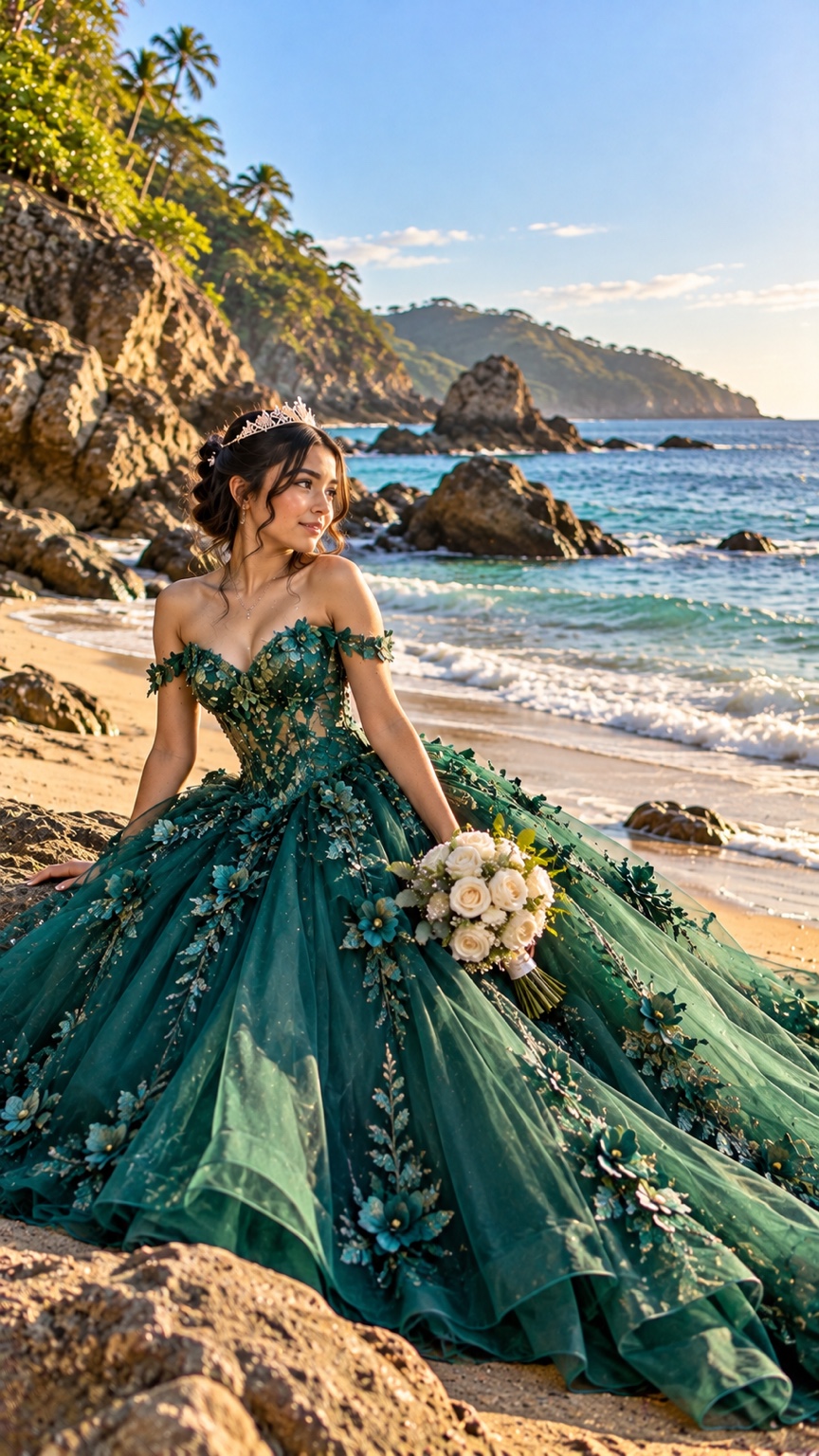 Quinceañera con vestido verde y ramo blanco sentada junto a las rocas de una playa